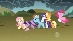 Size: 640x360 | Tagged: safe, derpibooru import, screencap, applejack, fluttershy, pinkie pie, rainbow dash, rarity, twilight sparkle, earth pony, pegasus, pony, unicorn, dragonshy, butt touch, ei, eyes closed, faceful of ass, female, hoof on butt, hub logo, mare, pushing, rump push, unicorn twilight