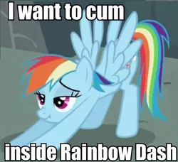 Size: 680x619 | Tagged: suggestive, derpibooru import, edit, edited screencap, screencap, rainbow dash, pegasus, pony, /mlp/, caption, exploitable meme, female, image macro, implied sex, iwtcird, mare, meme, scrunchy face, solo, stretching, vulgar