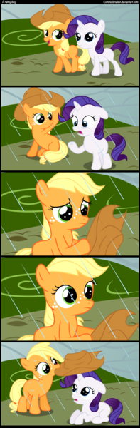 Size: 1000x3040 | Tagged: applejack, artist:coltsteelstallion, comic, cute, derpibooru import, filly, floppy ears, jackabetes, rain, raribetes, rarity, safe, tower of pimps