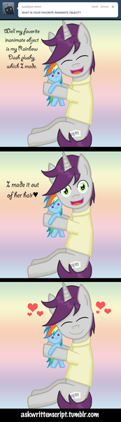 Size: 500x1733 | Tagged: artist:despisedandbeloved, ask, comic, derpibooru import, plushie, rainbow dash, rainbowscript, safe, writtendash, written script