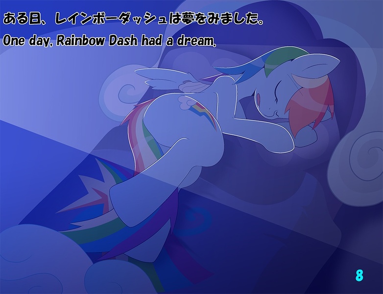 Size: 1013x777 | Tagged: safe, artist:oze, derpibooru import, rainbow dash, pegasus, pony, bandage, bed, english, female, japanese, mare, moonlight, night, pixiv, sleeping, solo, text