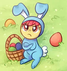 Size: 554x586 | Tagged: adorabloom, apple bloom, apple bloom is not amused, artist:tsurime, bunny bloom, bunny costume, clothes, crossed hooves, cute, derpibooru import, easter, easter egg, family appreciation day, safe, unamused