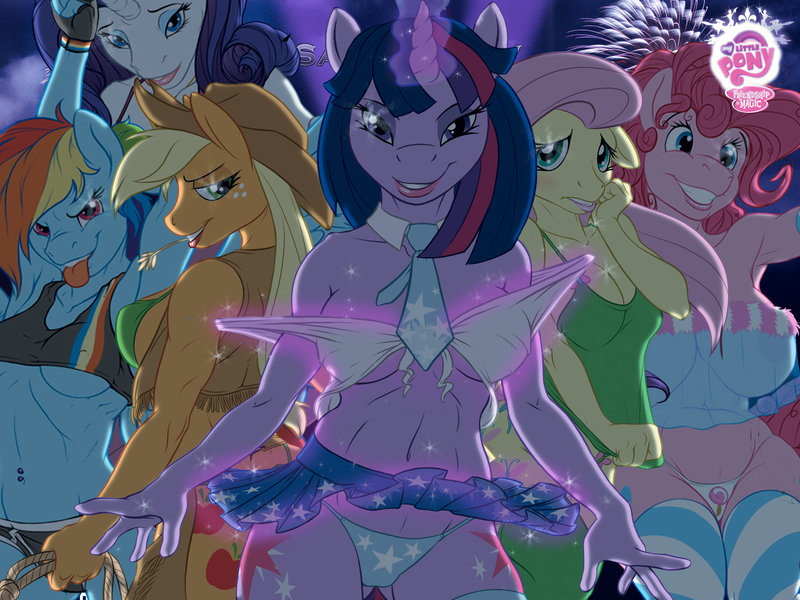 Size: 4000x3000 | Tagged: questionable, artist:tyelle, derpibooru import, edit, applejack, fluttershy, pinkie pie, rainbow dash, rarity, twilight sparkle, anthro, earth pony, pegasus, unicorn, armpits, breasts, busty applejack, busty pinkie pie, clothes, female, glowing horn, horn, line-up, lipstick, magic, mane six, panties, saints row, stockings, straw in mouth, telekinesis, underass, underwear, unicorn twilight