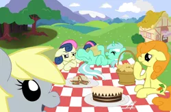 Size: 900x592 | Tagged: safe, artist:fundz64, derpibooru import, bon bon, carrot top, derpy hooves, golden harvest, lyra heartstrings, sweetie drops, pegasus, pony, female, food, mare, muffin, picnic, picnic blanket, sandwich