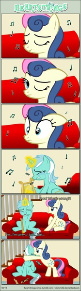 Size: 1063x3824 | Tagged: artist:tritebristle, bipedal, bon bon, comic, comic:heartstrings, couch, crying, derpibooru import, harp, hug, lyra heartstrings, musical instrument, sad, safe, sweetie drops, wiping tears