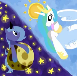 Size: 2000x1968 | Tagged: artist:luna77899, derpibooru import, moon, princess celestia, princess luna, s1 luna, safe, sisters, sun, tangible heavenly object