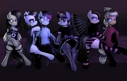 Size: 1280x818 | Tagged: suggestive, artist:drbdnv, derpibooru import, applejack, fluttershy, pinkie pie, rainbow dash, rarity, twilight sparkle, earth pony, pegasus, pony, unicorn, :t, bedroom eyes, beetlejuice, black lipstick, black mane, bow, butt, clothes, colored, dyed mane, emo, emodash, emoshy, female, fishnets, fluttergoth, goth, gothic applejack, gothic fluttershy, gothic lolita, gothic pinkie, gothic rarity, gothic twilight, gothity, image, jpeg, lidded eyes, lipstick, lolita fashion, lydia deetz, mane six, panties, pinkamena diane pie, plot, rainbow goth, sexy, smiling, socks, striped socks, twibutt, umbrella, underhoof, underwear