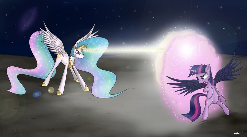 Size: 2700x1500 | Tagged: safe, artist:mcsadat, derpibooru import, princess celestia, twilight sparkle, twilight sparkle (alicorn), alicorn, pony, fight, series finale, twilight is anakin