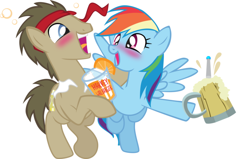 Size: 2496x1633 | Tagged: artist:trotsworth, blushing, cider, derpibooru import, doctordash, doctor who, doctor whooves, drunk, drunker dash, female, male, rainbow dash, safe, shipping, sonic screwdriver, straight, time turner