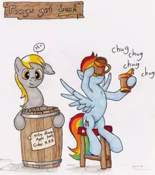 Size: 631x715 | Tagged: safe, artist:shieltar, derpibooru import, derpy hooves, rainbow dash, pegasus, pony, barrel, cider, dialogue, female, mare, stool, traditional art, underp