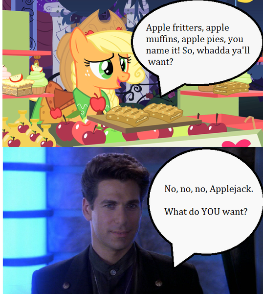 Size: 645x720 | Tagged: apple, apple cider, apple fritter (food), applejack, babylon 5, clothes, crossover, cupcake, derpibooru import, dress, edit, edited screencap, food, gala dress, mr morden, offscreen character, safe, screencap, the best night ever, this will end in tears, what do you want