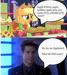 Size: 645x720 | Tagged: apple, apple cider, apple fritter (food), applejack, babylon 5, clothes, crossover, cupcake, derpibooru import, dress, edit, edited screencap, food, gala dress, mr morden, offscreen character, safe, screencap, the best night ever, this will end in tears, what do you want