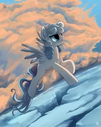 Size: 815x1030 | Tagged: dead source, safe, artist:ruhje, derpibooru import, oc, unofficial characters only, pegasus, pony, cloud, colored wings, female, flying, gradient wings, ice, mare, signature, sky, solo, spread wings, trail, wings