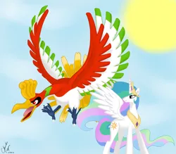 Size: 1024x896 | Tagged: artist:clawzipan, crossover, derpibooru import, ho-oh, pokémon, princess celestia, safe