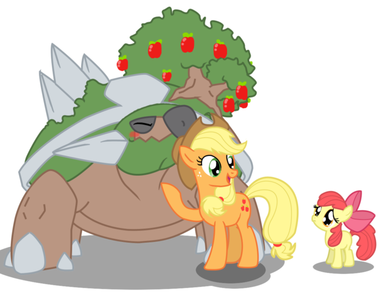 Size: 900x687 | Tagged: safe, artist:seaandsunshine, derpibooru import, apple bloom, applejack, earth pony, pony, torterra, apple tree, chin scratch, crossover, eyes closed, female, filly, mare, pokémon, simple background, transparent background, tree, vector