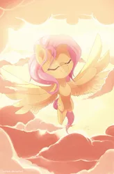 Size: 806x1225 | Tagged: safe, artist:si1vr, derpibooru import, fluttershy, pegasus, pony, bright, cloud, cloudy, crepuscular rays, enjoying, eyes closed, female, flying, mare, sky, smiling, solo, spread wings, sunlight
