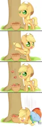 Size: 760x2300 | Tagged: :3, apple, applebucking, applejack, artist:solar-slash, chibi, comic, cute, derpibooru import, rainbow crash, rainbow dash, safe, x eyes