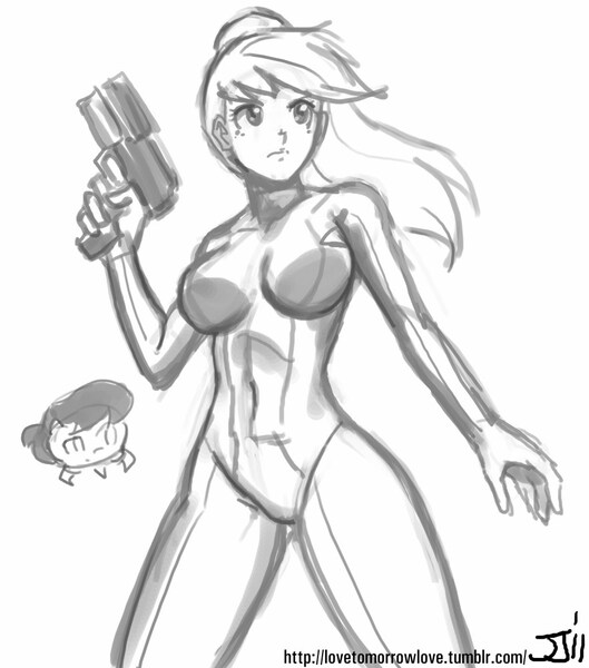 Size: 882x1000 | Tagged: applejack, applesamus, artist:johnjoseco, breasts, busty applejack, clothes, cosplay, costume, crossover, derpibooru import, female, grayscale, human, humanized, metroid, metroid (species), monochrome, octavia melody, safe, samus aran, solo, source needed, zero suit