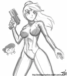 Size: 882x1000 | Tagged: applejack, applesamus, artist:johnjoseco, breasts, busty applejack, clothes, cosplay, costume, crossover, derpibooru import, female, grayscale, human, humanized, metroid, metroid (species), monochrome, octavia melody, safe, samus aran, solo, source needed, zero suit