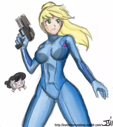 Size: 882x1000 | Tagged: applejack, applesamus, artist:johnjoseco, artist:michos, breasts, busty applejack, clothes, colored, color edit, cosplay, costume, crossover, derpibooru import, edit, female, human, humanized, metroid, metroid (species), octavia melody, safe, samus aran, simple background, solo, zero suit