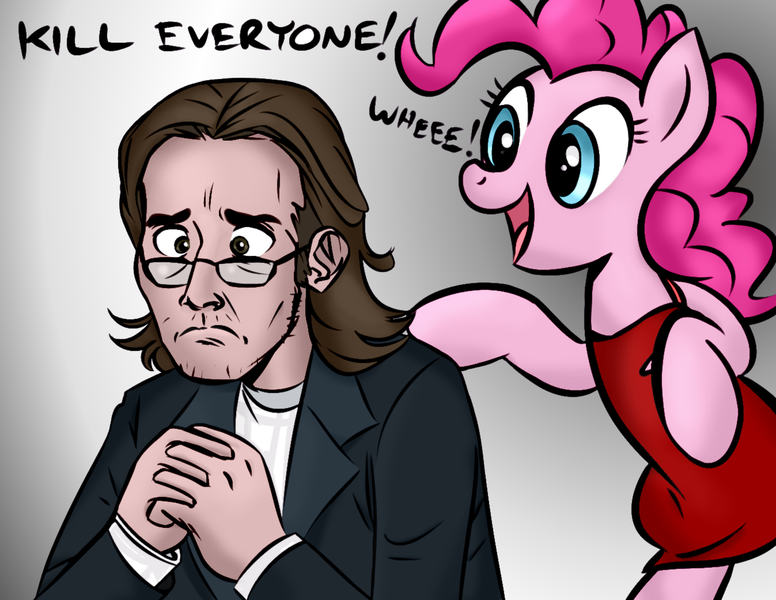 Size: 1347x1041 | Tagged: safe, artist:megasweet, artist:trelwin, derpibooru import, pinkie pie, human, pony, battlestar galactica, crossover, gaius baltar, glasses