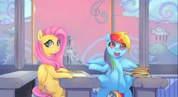 Size: 1280x701 | Tagged: safe, artist:bakki, derpibooru import, fluttershy, rainbow dash, pegasus, pony, chair, cloudsdale, duo, duo female, dusk, female, flight school, looking at you, mare, open mouth, paper, quill, rainbow waterfall, school, sitting, sky, smiling, spread wings, table, textbook, wings