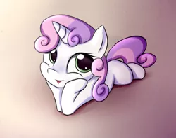 Size: 938x740 | Tagged: safe, artist:fajeh, derpibooru import, sweetie belle, pony, unicorn, cute, diasweetes, female, filly, head in hooves, prone, solo, squishy cheeks