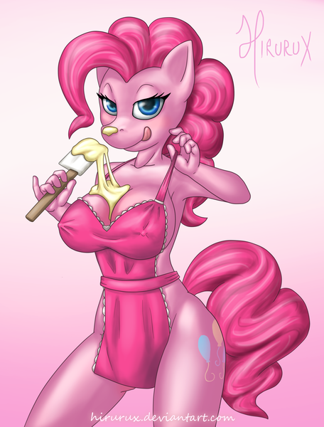 Size: 2600x3422 | Tagged: anthro, apron, armpits, artist:hirurux, breasts, busty pinkie pie, clothes, derpibooru import, female, high res, naked apron, pinkie pie, questionable