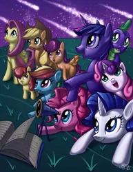 Size: 835x1080 | Tagged: apple bloom, applejack, artist:imdrunkontea, book, cutie mark crusaders, derpibooru import, fluttershy, mane seven, mane six, night, outdoors, pinkie pie, rainbow dash, rarity, safe, scootaloo, spike, stars, sweetie belle, telescope, twilight sparkle