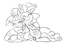 Size: 3300x2350 | Tagged: safe, artist:leadhooves, derpibooru import, pinkie pie, twilight sparkle, eyes closed, female, happy, high res, lesbian, monochrome, shipping, twinkie