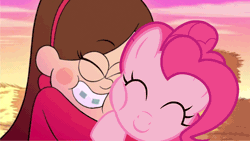 Size: 1280x720 | Tagged: safe, artist:battybovine, derpibooru import, pinkie pie, earth pony, human, pony, animated, crossover, cuddling, cute, diapinkes, duo, eyes closed, female, gravity falls, hall of fame, hnnng, hug, mabel pines, mare, snuggling, squishy cheeks