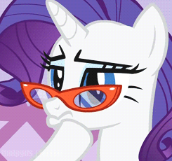 Size: 245x230 | Tagged: safe, derpibooru import, screencap, rarity, pony, unicorn, suited for success, animated, cropped, female, glasses, hoof on chin, lidded eyes, mare, solo