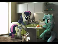 Size: 1024x768 | Tagged: safe, artist:mixermike622, derpibooru import, bon bon, lyra heartstrings, sweetie drops, pony, cooking, irl, kitchen, photo, ponies in real life, vector, wine