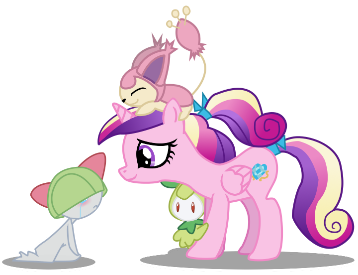 Size: 720x552 | Tagged: safe, artist:seaandsunshine, derpibooru import, princess cadance, alicorn, petilil, pony, ralts, skitty, bow, crossover, crying, cute, female, hair bow, mare, pokémon, simple background, teen princess cadance, transparent background, vector, younger