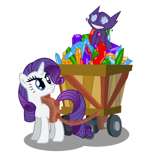 Size: 1132x1072 | Tagged: safe, artist:seaandsunshine, derpibooru import, rarity, pony, sableye, unicorn, annoyed, cart, crossover, duo, eating, female, gem, harness, mare, pokémon, simple background, tack, transparent background, vector