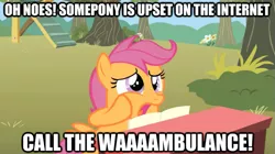 Size: 625x349 | Tagged: derpibooru import, dialogue, edit, edited screencap, image macro, reaction image, safe, scootaloo, screencap, the show stoppers, wambulance