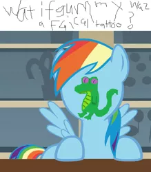 Size: 532x607 | Tagged: derpibooru import, edit, edited screencap, exploitable meme, faic, gummy, meme, ms paint, rainbow dash, safe, screencap, wut if gummy wuz a meme