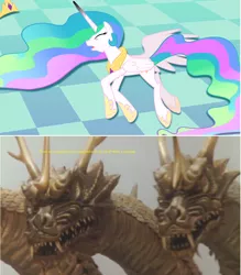 Size: 1284x1464 | Tagged: safe, derpibooru import, edit, screencap, princess celestia, alicorn, kaiju, pony, a canterlot wedding, crossover, godzilla (series), grand king ghidorah, king ghidorah, photoshop, rebirth of mothra