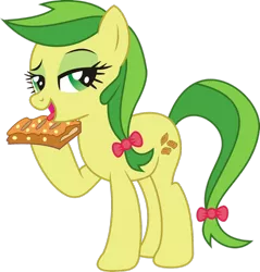 Size: 1600x1674 | Tagged: suggestive, artist:leopurofriki, derpibooru import, apple fritter, apple family member, apple fritter (food), bedroom eyes, licking, simple background, solo, suggestive eating, tongue out, transparent background, vector