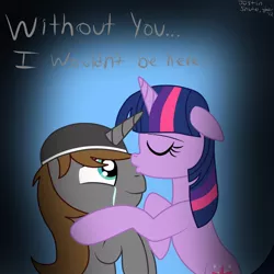 Size: 900x900 | Tagged: dead source, safe, artist:nostalgiagamerjs, derpibooru import, twilight sparkle, oc, canon x oc, feels in the source, kissing, story in the source