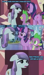 Size: 500x843 | Tagged: safe, derpibooru import, edit, edited screencap, screencap, sapphire joy, spike, twilight sparkle, crystal pony, dragon, pony, unicorn, the crystal empire, spoiler:s03, female, fridge logic, hub logo, implied princess luna, male, mare, unicorn twilight