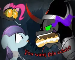 Size: 5000x4000 | Tagged: safe, artist:zutheskunk, derpibooru import, king sombra, pinkie pie, sapphire joy, crystal pony, pony, the crystal empire, spoiler:s03, absurd resolution, bedroom eyes, eclair, pure unfiltered evil, stupid sexy sombra, vector