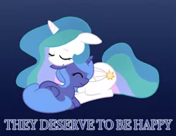 Size: 363x282 | Tagged: safe, artist:egophiliac, derpibooru import, princess celestia, princess luna, alicorn, pony, blue background, duo, eyes closed, female, filly, foal, happy, royal sisters, siblings, simple background, sisters, snuggling, text