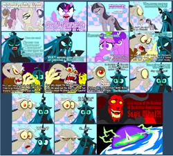 Size: 1950x1760 | Tagged: safe, artist:terry, derpibooru import, discord, fluttershy, lord tirek, pinkie pie, queen chrysalis, rarity, screwball, twilight sparkle, changeling, changeling queen, draconequus, pony, unicorn, bad end, chaos, comic, discorded landscape, dr. wily fails at life, facehoof, female, flutterbitch, gone horribly right, hilarious in hindsight, male, mare, megaman, parody, rainbow of darkness, terry you magnificent bastard, that escalated quickly, unicorn twilight