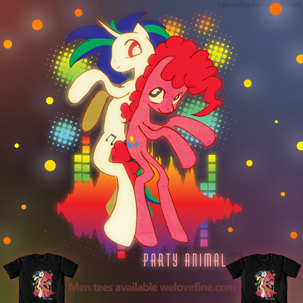 Size: 1299x1299 | Tagged: artist:hinoraito, clothes, derpibooru import, merchandise, official, pinkie pie, safe, t-shirt, vinyl scratch, welovefine