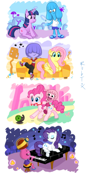 Size: 3300x6517 | Tagged: artist:rubtox, derpibooru import, dodo (jelly jamm), fluttershy, goomo, jelly jamm, mina (jelly jamm), ongo, piano, pinkie pie, rarity, rita, safe, twilight sparkle