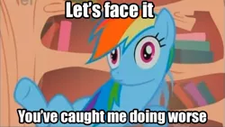 Size: 470x266 | Tagged: caption, derpibooru import, edit, edited screencap, image macro, impact font, implied urination, iron man, let's face it you've caught me doing worse, looking at you, meme, out of context, rainbow dash, safe, screencap, text, wide eyes