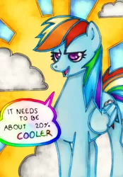 Size: 600x862 | Tagged: safe, artist:ronniesponies, derpibooru import, rainbow dash, pegasus, pony, 20% cooler, cloud, dialogue, female, folded wings, mare, solo, wings