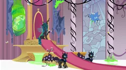 Size: 3110x1736 | Tagged: safe, artist:zimvader42, derpibooru import, princess celestia, queen chrysalis, alicorn, changeling, changeling queen, parasprite, pony, bad end, canterlot throne room, changeling officer, changeling slime, cocoon, female, hung upside down, mare, slime, the bad guy wins, throne, throne room, upside down