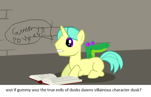 Size: 636x409 | Tagged: safe, derpibooru import, edit, gummy, oc, pony, unicorn, dusk's dawn, book, exploitable meme, fan animation, meme, wut if gummy wuz a meme